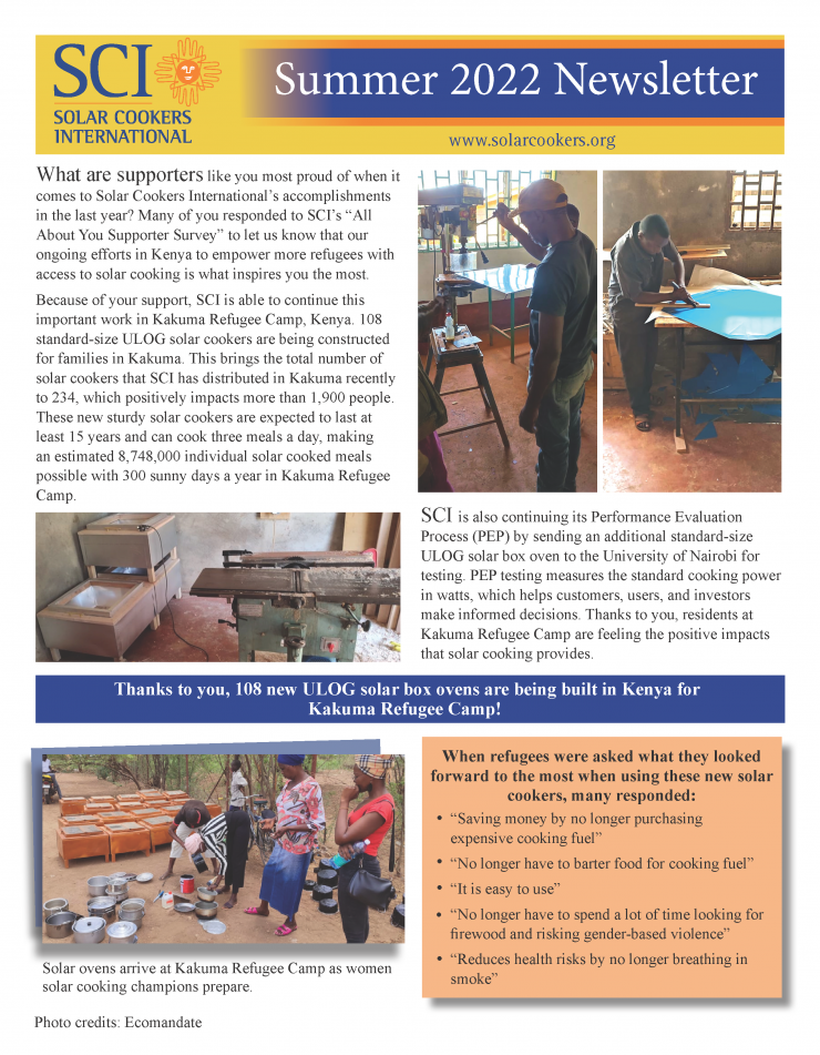 Update on solar cooking around the world, news from Kenya and past advocacy events.