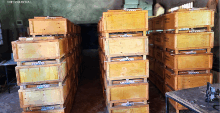 Locally manufactured solar cookers prepared for distribution to refugee families in Kakuma Refugee Camp, Kenya