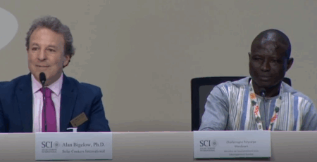 SCI representatives speaking at a COP30 press conference on solar cooking initiatives in Mali and the Central African Republic