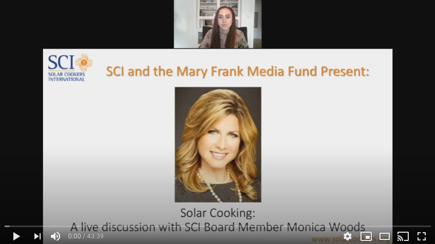 Monica Woods speaking about solar cooking and climate change during an SCI virtual event