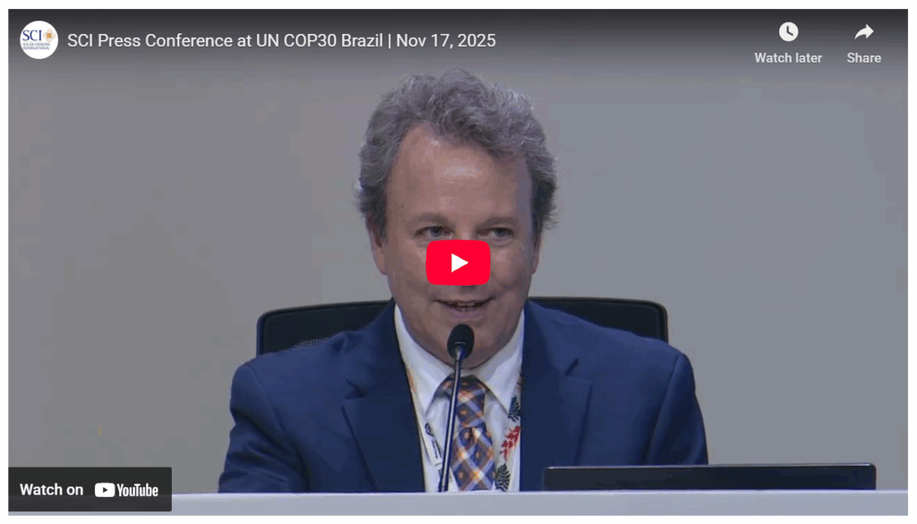 Promotional banner for SCI’s COP30 press conference on solar cooking solutions