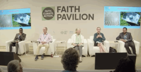 SCI Executive Director Caitlyn Hughes speaking at COP28 Faith Pavilion clean technology event