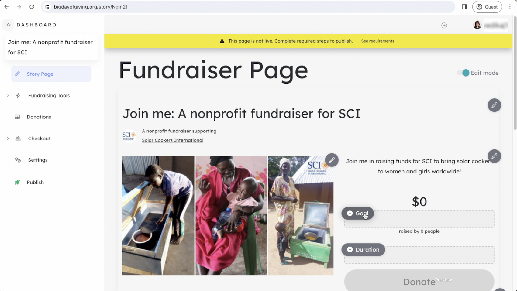 Step-by-step tutorial for creating a fundraiser to support Solar Cookers International