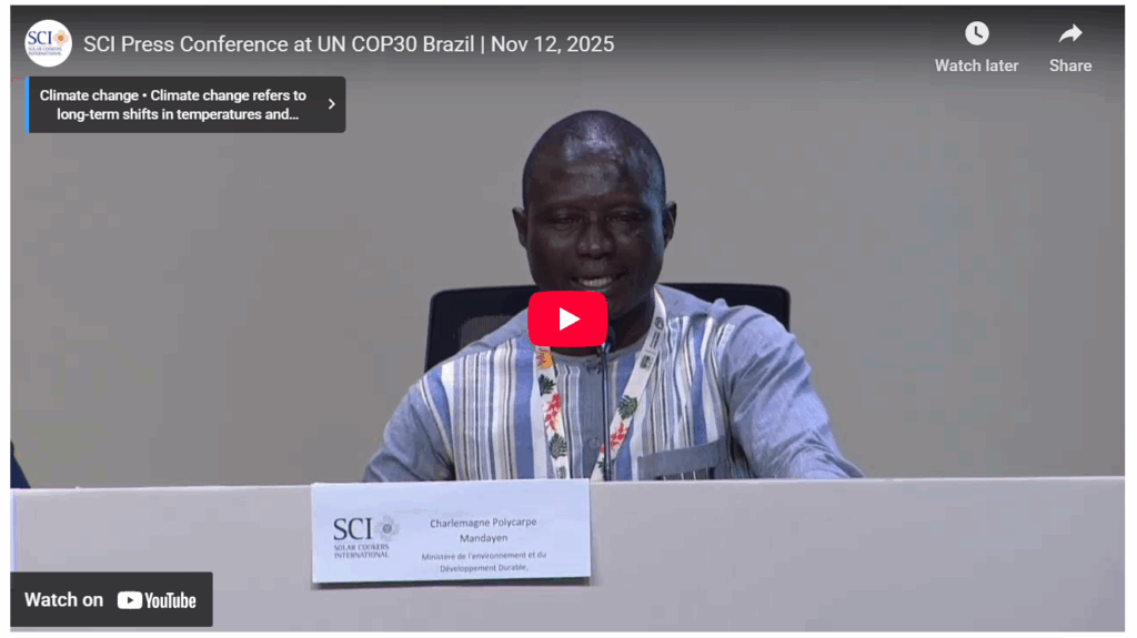 Promotional banner for SCI’s COP30 press conference on solar cooking