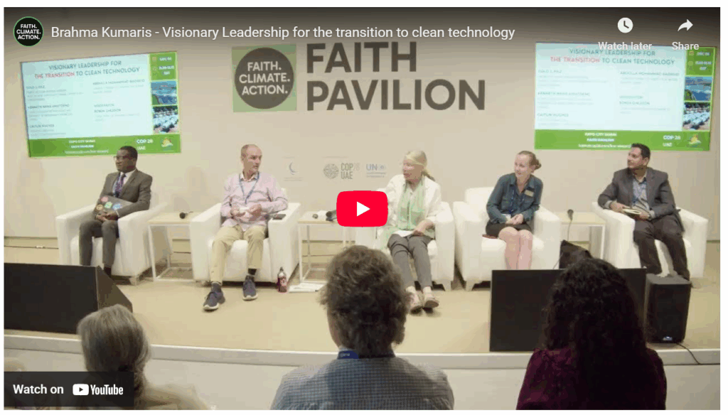 COP28 Faith Pavilion panel featuring SCI leaders discussing solar cooking and climate action