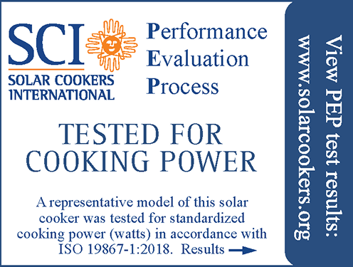 PEP Tested label confirming validated solar cooker performance