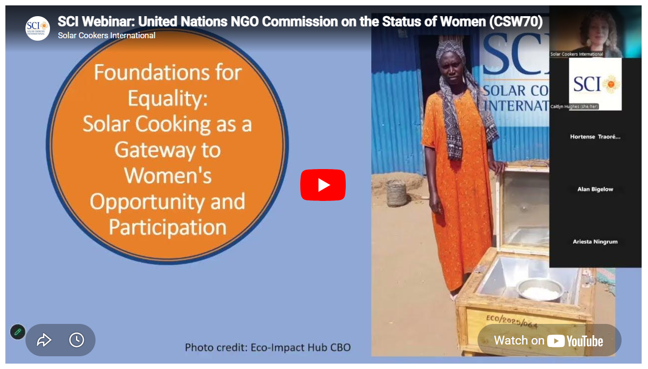 Promotional banner for SCI’s UN CSW70 webinar on solar cooking and women’s empowerment